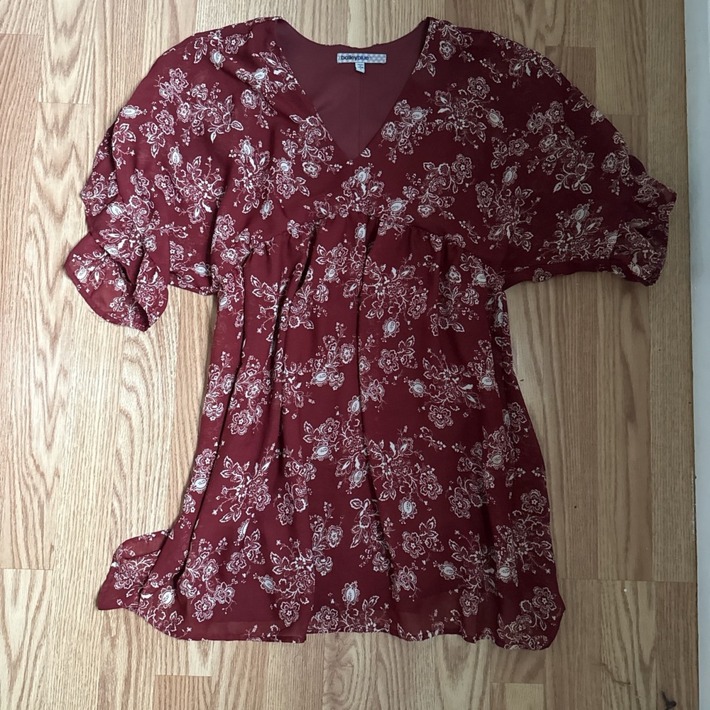 Women's Floral V-Neck Babydoll Dress Burgundy